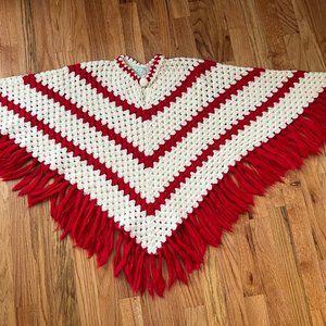 Vintage Round Tower ivory hand knit wool shawl cape w/red trim, Ireland